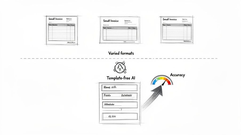 Diagram showing template-free AI processing varied invoice formats to achieve high data extraction accuracy.