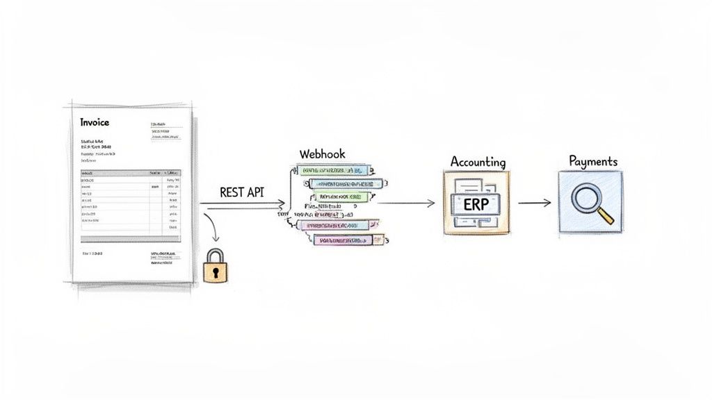 Workflow diagram showing invoice data extracted via REST API and Webhook into ERP accounting and payments systems.