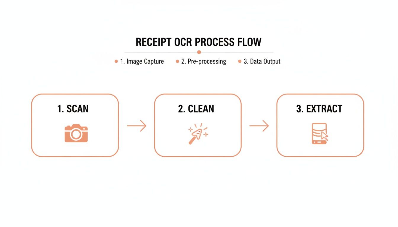 A visual process flow diagram outlining the Receipt OCR process: scan, clean, and extract data.