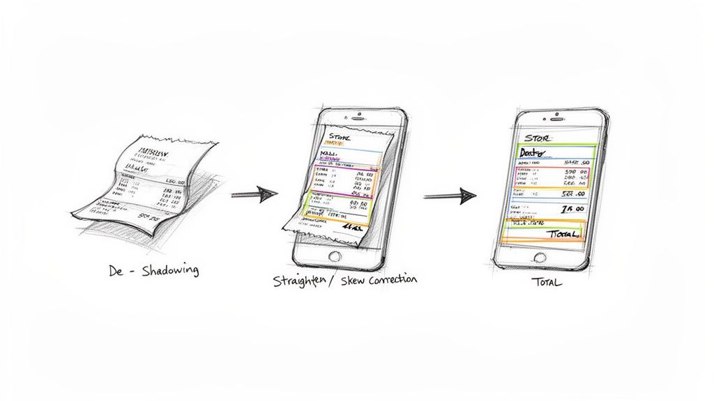 A three-step illustration showing a crumpled receipt processed by a phone for data extraction.