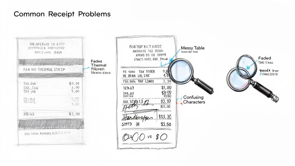 Illustration of common receipt problems: faded thermal strips, messy text, and confusing characters highlighted by magnifiers.
