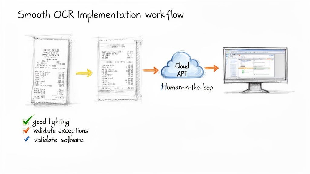 Workflow illustrating smooth OCR implementation for receipts, involving scanning, cloud API processing with human-in-the-loop, and validation.