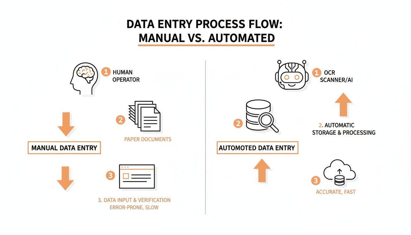 Flowchart comparing manual data entry (human, paper documents) with automated data entry (OCR, AI, accurate, fast).