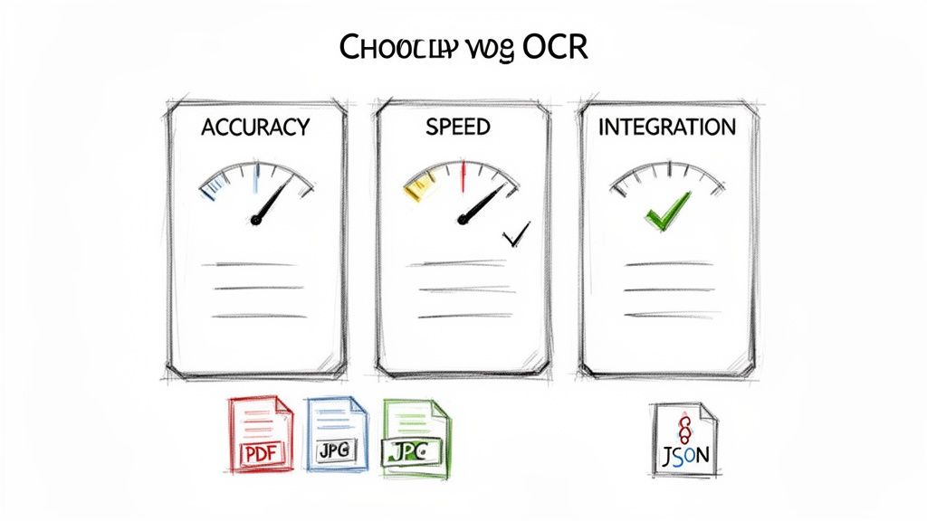 An illustration showing OCR features like high accuracy, good speed, and seamless integration with PDF, JPG, and JSON files.