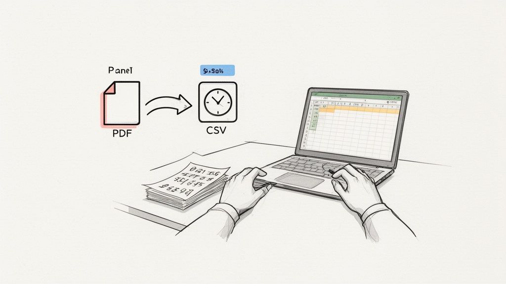 A diagram illustrating PDF to CSV file conversion, with a person typing on a laptop with a spreadsheet open.