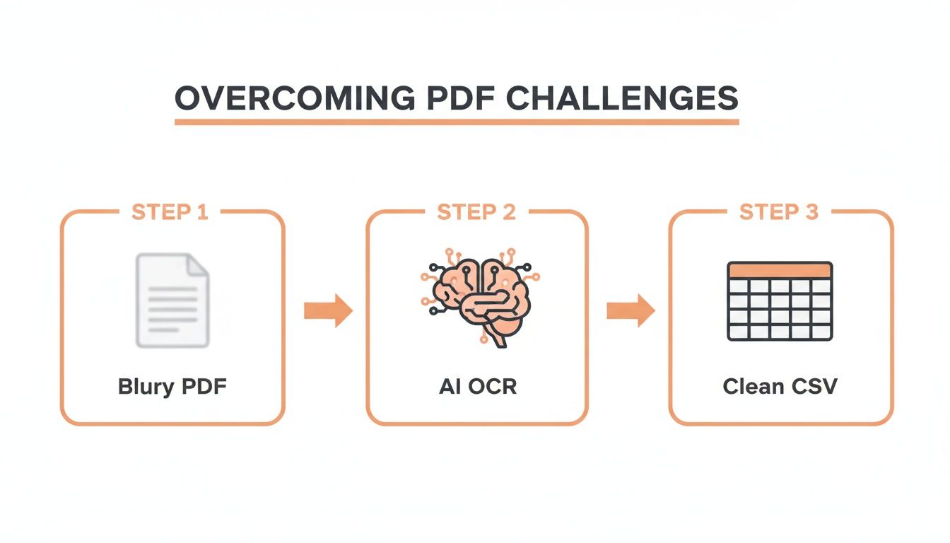A three-step process showing how AI OCR converts a blurry PDF into a clean CSV.