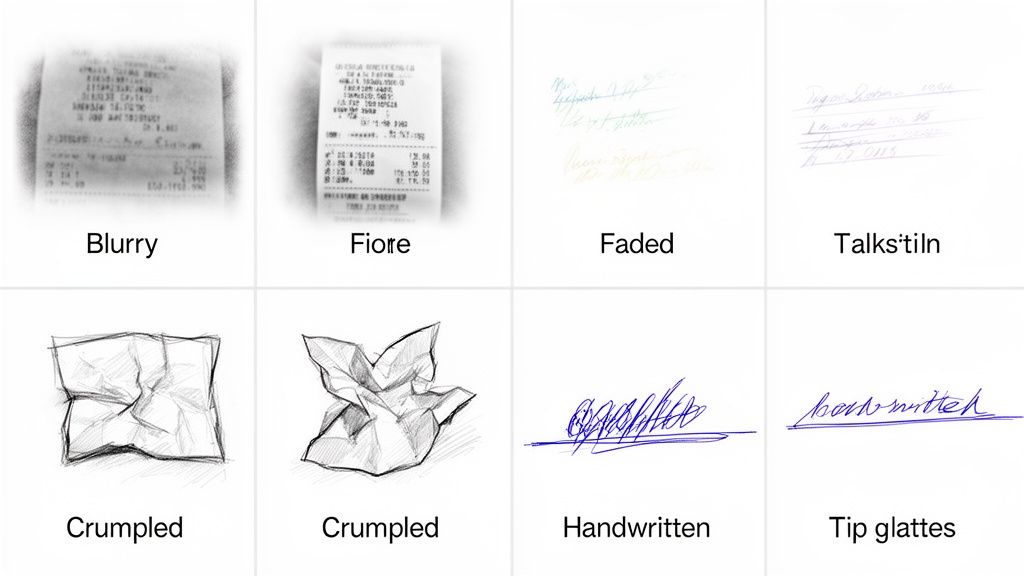 Eight examples of document conditions: blurry, faded, crumpled receipts and various handwritten texts.