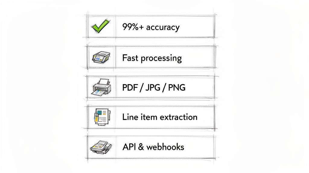 List of receipt scanner software features: high accuracy, fast processing, multi-format support, line item extraction, and API integration.