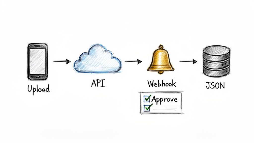 A diagram illustrating a data workflow from mobile upload through API and webhook approval to JSON storage.