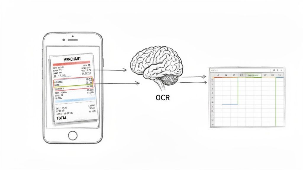 A visual diagram illustrates a smartphone receipt scan, OCR processing, and data output to a spreadsheet.