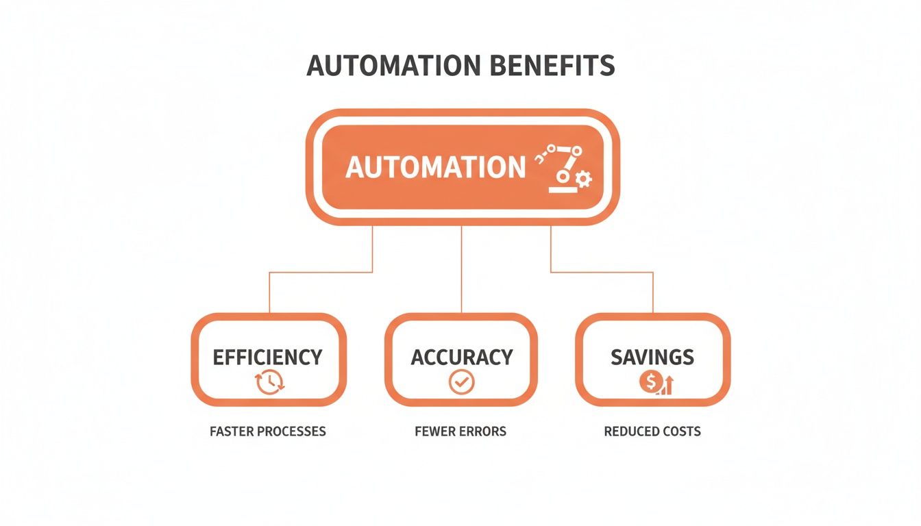 A diagram illustrates automation benefits: efficiency, accuracy, and savings through faster processes and reduced costs.
