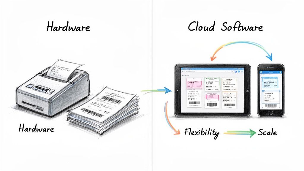 Physical hardware for receipts transforming into cloud software on tablets and smartphones, showcasing flexibility and scale.
