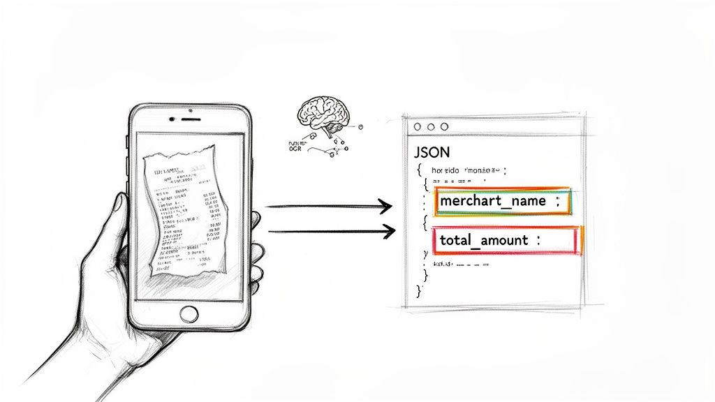 A hand holds a smartphone scanning a paper receipt, transforming data into a JSON format with merchant name and total amount highlighted.