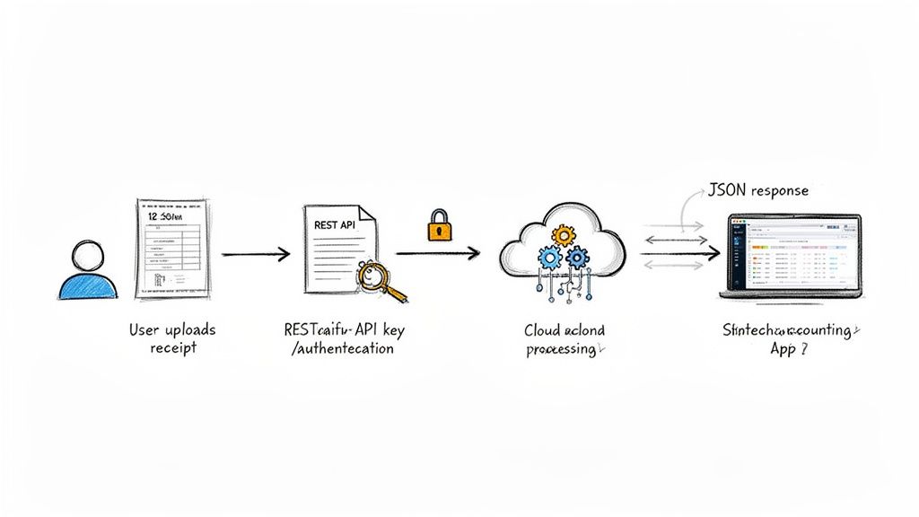 Flowchart depicting receipt data capture, API authentication, cloud processing, and JSON response to an accounting app.
