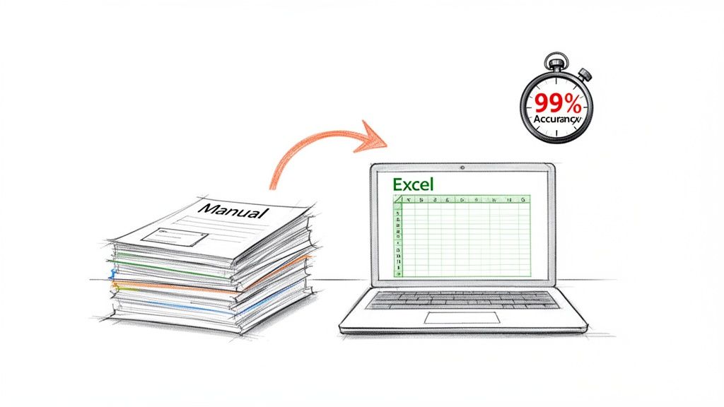 A stack of physical manuals being digitized into an Excel spreadsheet on a laptop with 99% accuracy.
