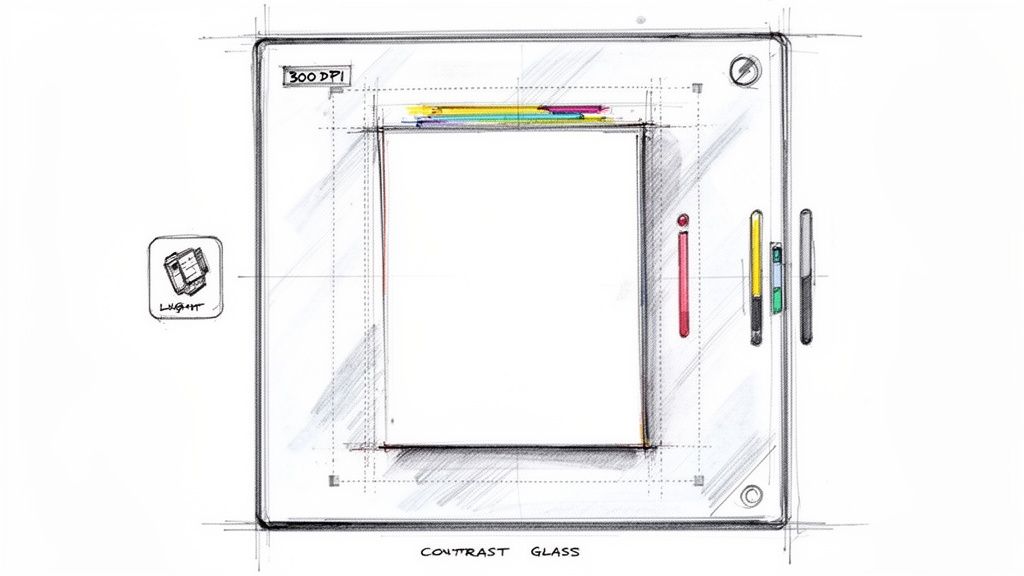 Detailed sketch of a conceptual scanning device with a central screen, annotations, and colorful tools.