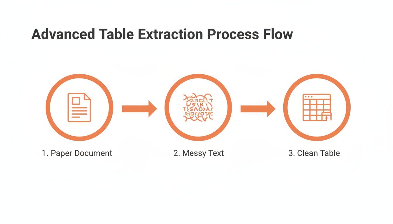 A three-step process flow illustrating advanced table extraction from paper document to clean data.