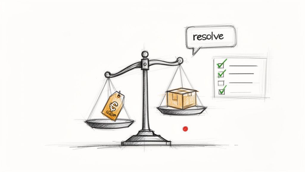 A sketch of a balance scale comparing a Euro price tag and a box, with a 'resolve' speech bubble and a checklist.