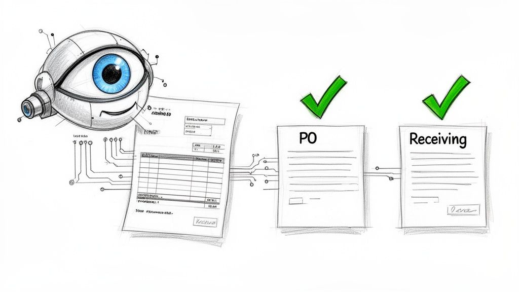 A robotic eye processes an invoice, matching it with purchase order (PO) and receiving documents.