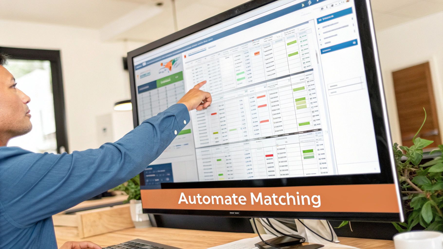 A person points at a large computer screen displaying a financial automation system with 'Automate Matching' text.