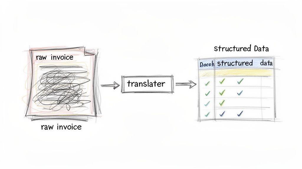 Diagram showing a raw invoice with scribbles being processed by a translater into structured data in a table.