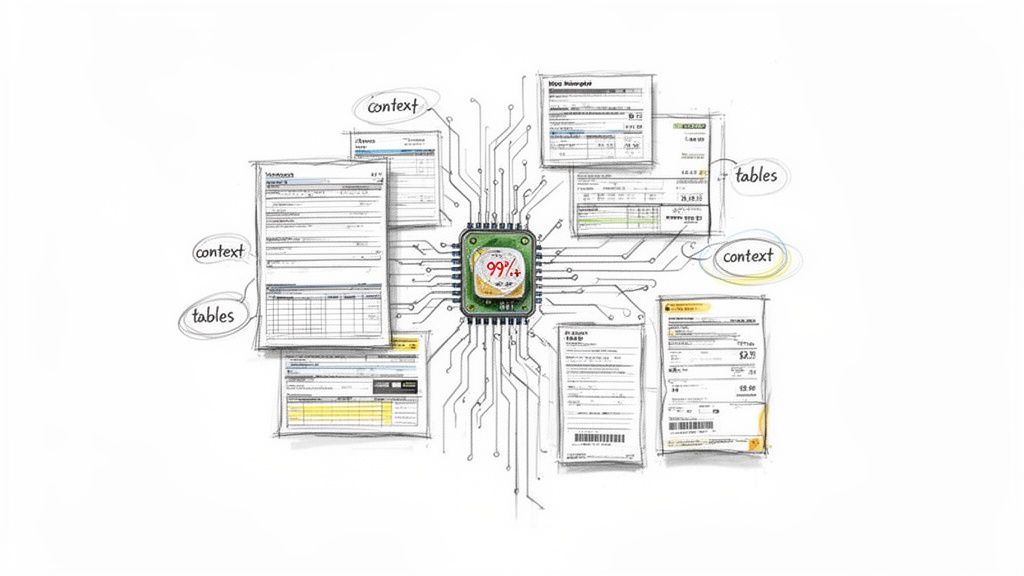 A central circuit board with '99%+' processes data from multiple documents, highlighting context and tables.