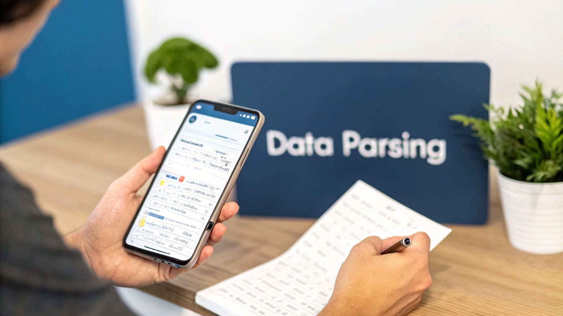A person holds a smartphone, writes on a notepad, with a 'Data Parsing' sign nearby.