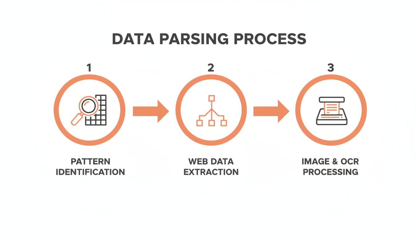 A data parsing process infographic illustrating pattern identification, web data extraction, and OCR processing.